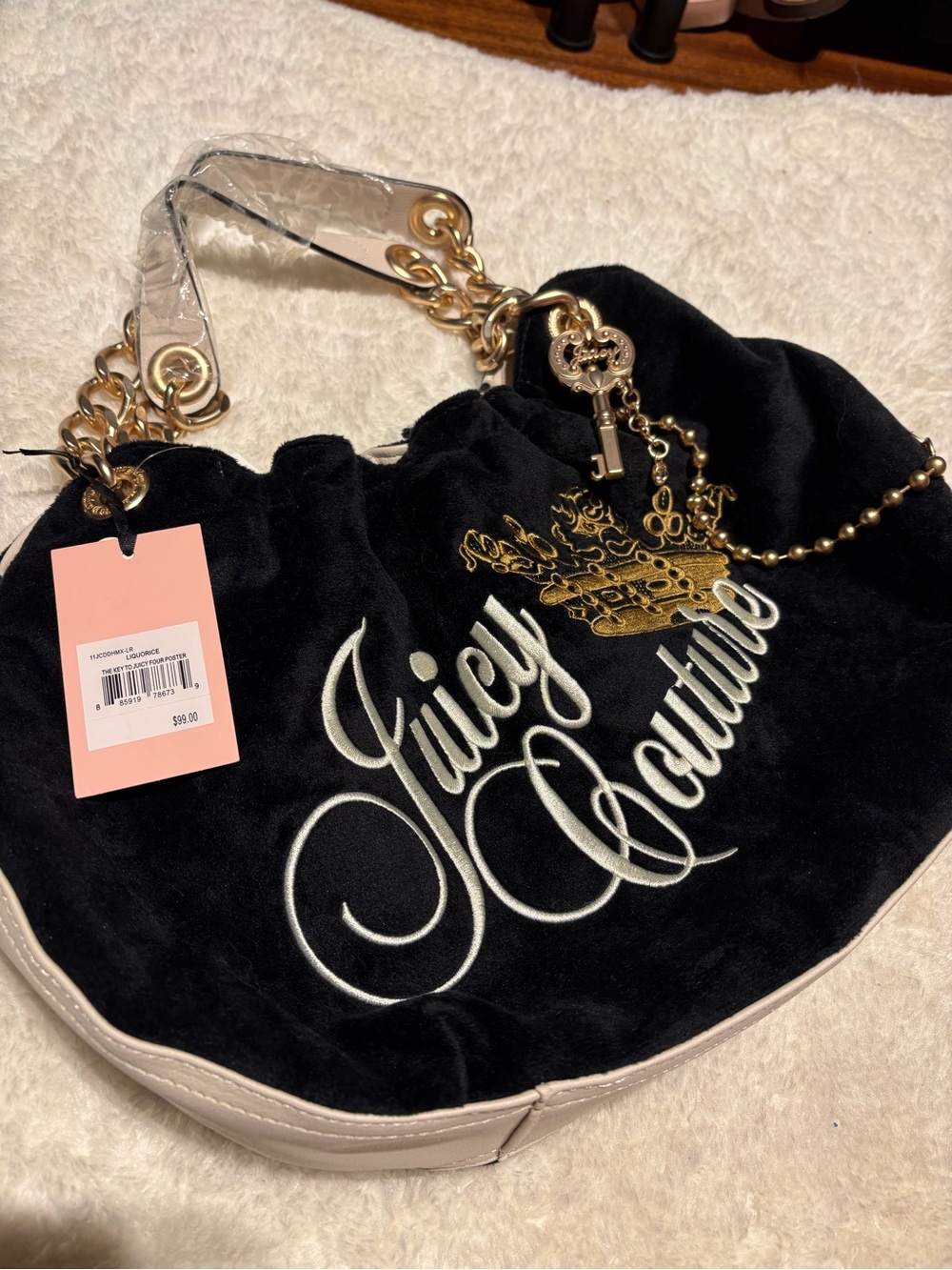 Viral Juicy Couture Black Velvet Shoulder Bag With Gold Hardware